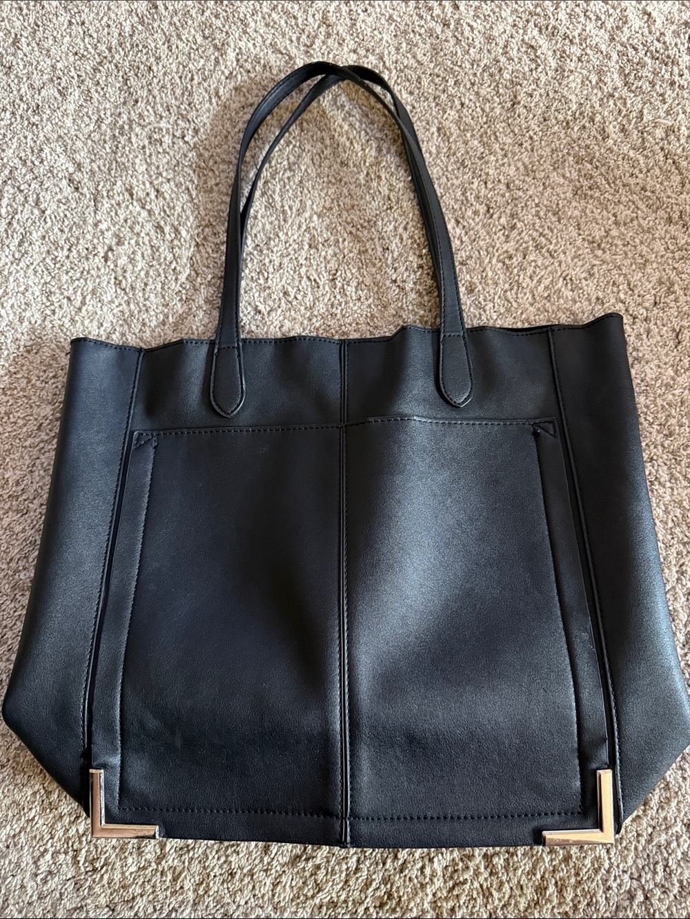 Steve Madden Black Leather Tote with Gold Corner Accents